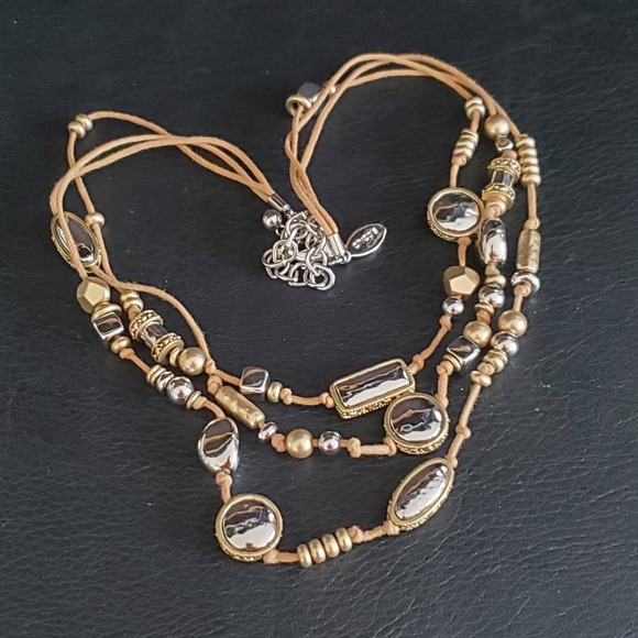 Chico's Three Strand Silver Tone Hammered Beads with Gold Accents on Tan Cord - Picture 6 of 10